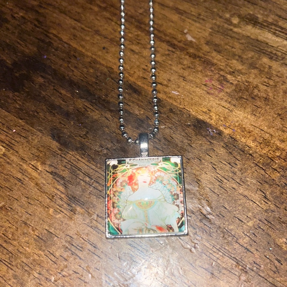 Gorgeous Mucha Tile Necklace with silver backing and silver bead chain 26 inches
